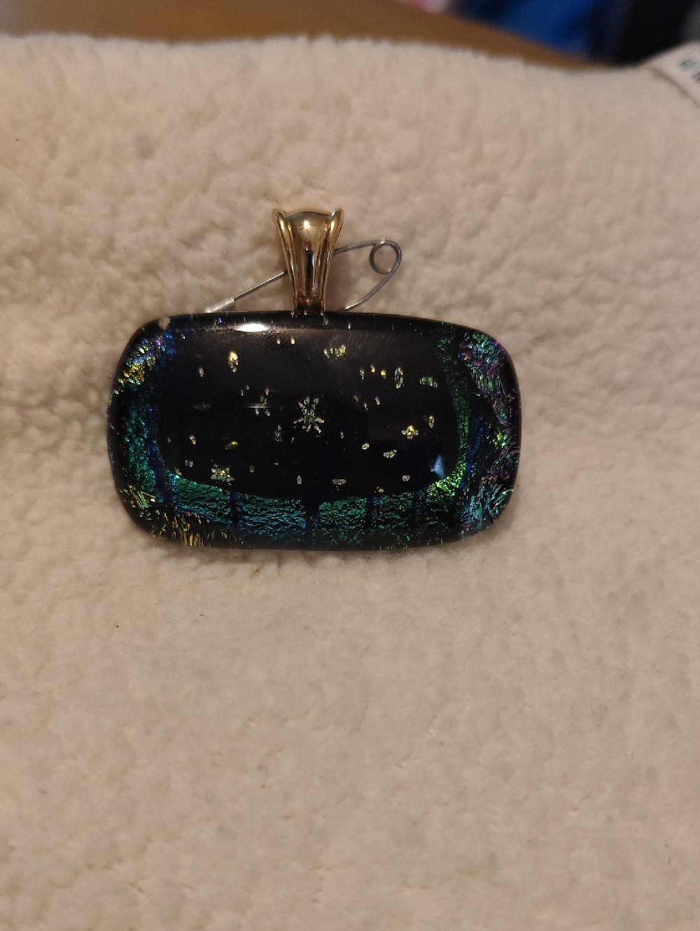 Dichroic Glass Rectangle Pendant in Black with Teal & Purple Shimmer